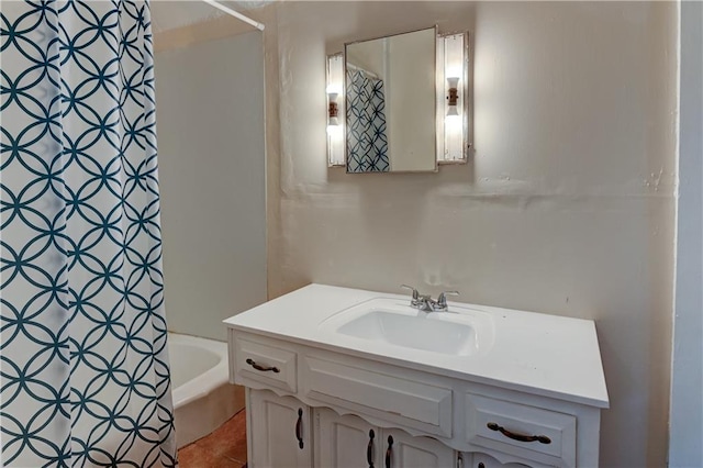 full bathroom with shower / tub combo and vanity