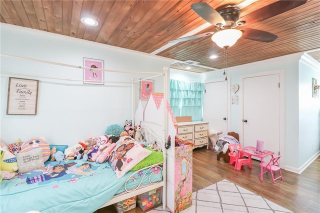 bedroom featuring a ceiling fan, recessed lighting, wood finished floors, and wood ceiling