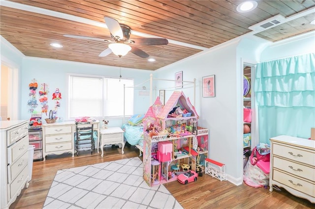 game room featuring light wood finished floors, visible vents, wood ceiling, and ceiling fan
