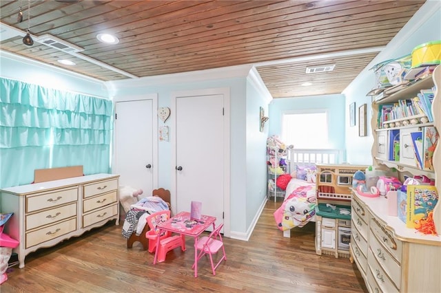 game room featuring visible vents, wood ceiling, baseboards, and wood finished floors
