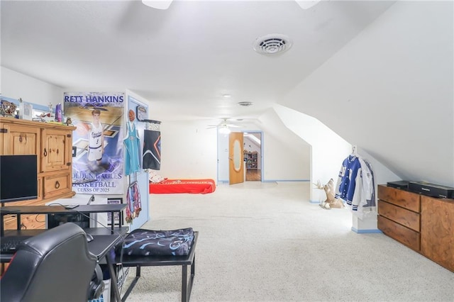 bonus room featuring a ceiling fan, vaulted ceiling, visible vents, and carpet floors