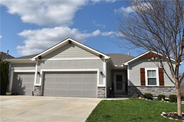 view of front of house featuring a front lawn, stone siding, stucco siding, concrete driveway, and an attached garage