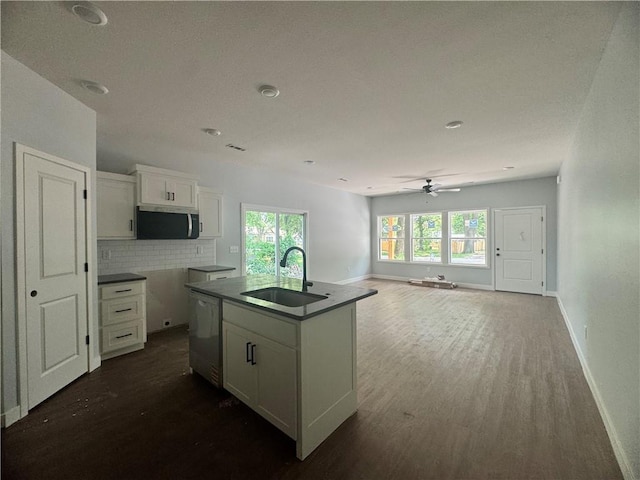 320 E 2nd St, Adrian, MO 64720 - kitchen featuring stainless steel appliances, dark wood-type flooring, backsplash, a ceiling fan, and white cabinets