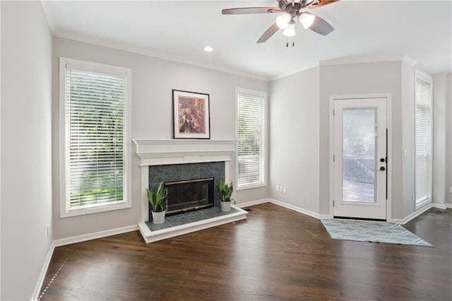 5329 Park St, Shawnee, KS 66216 - unfurnished living room with wood finished floors, a ceiling fan, plenty of natural light, baseboards, and ornamental molding