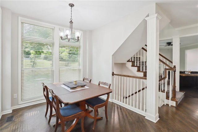 5329 Park St, Shawnee, KS 66216 - dining space with wood finished floors, baseboards, a chandelier, a ceiling fan, and stairs