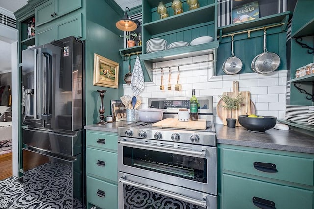 kitchen featuring green cabinets, refrigerator with ice dispenser, open shelves, double oven range, and backsplash