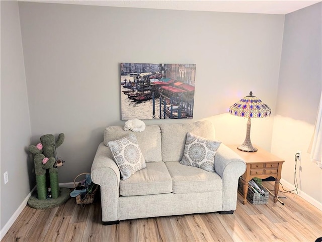 living area with baseboards and wood finished floors