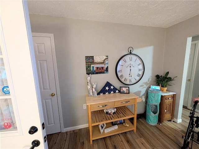 interior space featuring baseboards, a textured ceiling, and wood finished floors