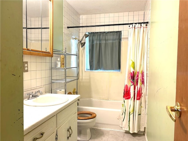 bathroom featuring vanity, shower / tub combo with curtain, toilet, a textured ceiling, and backsplash