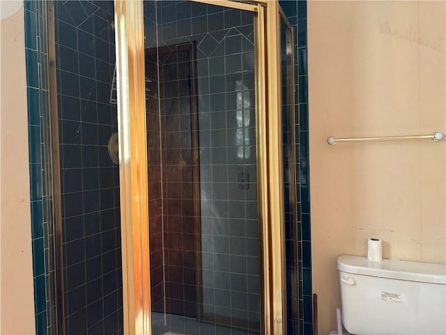 full bathroom featuring a stall shower and toilet