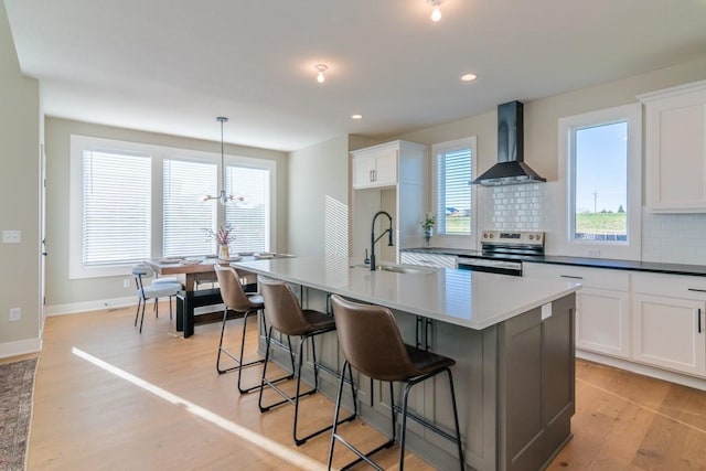 935 168th Ter, Basehor, KS 66007 - kitchen featuring wall chimney range hood, stainless steel range with electric stovetop, a sink, tasteful backsplash, and a kitchen island with sink