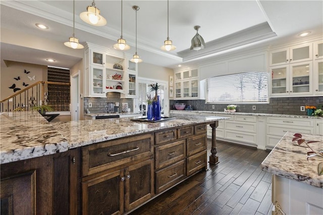 kitchen featuring a tray ceiling, dark wood finished floors, dark brown cabinets, backsplash, and white cabinetry