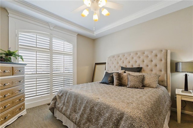 bedroom featuring baseboards, carpet, ceiling fan, and ornamental molding