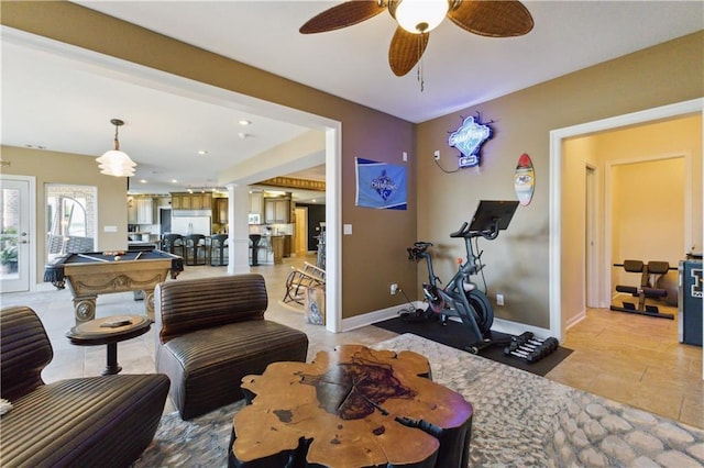 living room featuring light tile patterned flooring, a ceiling fan, baseboards, and recessed lighting