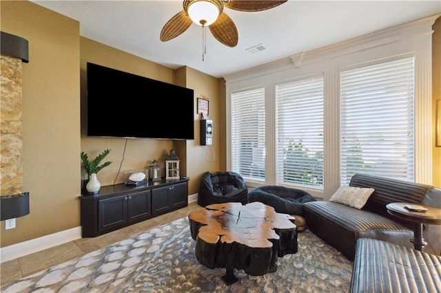 living area featuring visible vents, a ceiling fan, baseboards, and light tile patterned floors