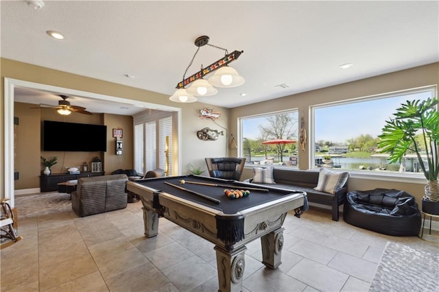 recreation room featuring plenty of natural light, a ceiling fan, pool table, and recessed lighting