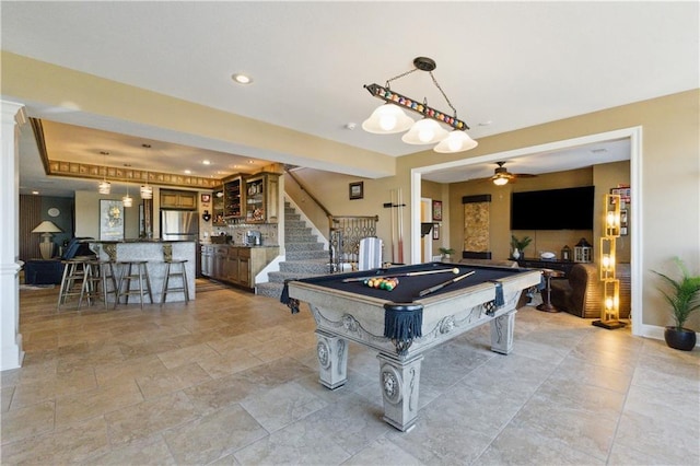 game room with recessed lighting, pool table, a ceiling fan, and bar