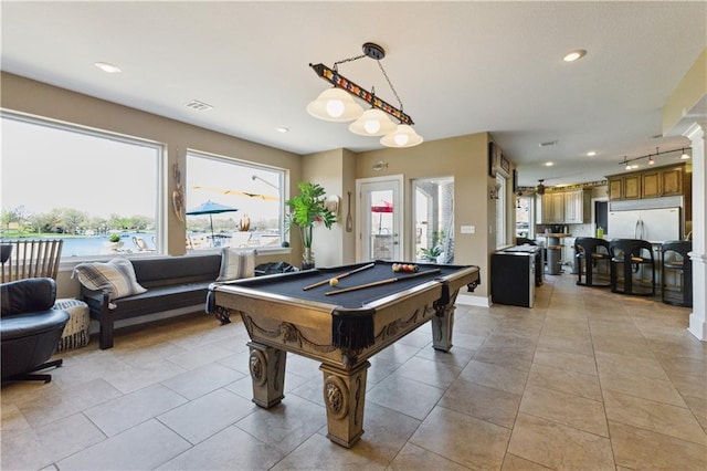 playroom featuring recessed lighting, light tile patterned flooring, visible vents, and billiards