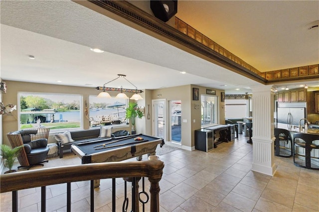recreation room featuring recessed lighting, ornate columns, billiards, light tile patterned floors, and baseboards
