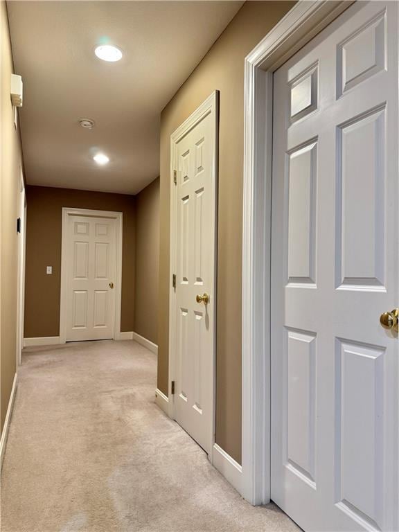 14413 Stearns St, Overland Park, KS 66211 - hall featuring baseboards, light colored carpet, and recessed lighting