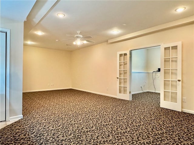 14413 Stearns St, Overland Park, KS 66211 - spare room featuring french doors, a ceiling fan, recessed lighting, baseboards, and carpet floors