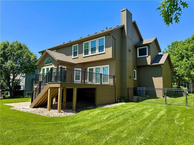 14413 Stearns St, Overland Park, KS 66211 - back of house with a wooden deck, stairway, and a chimney
