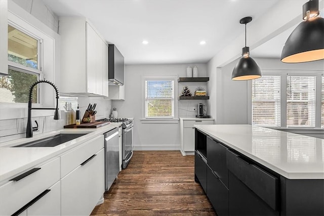 5933 Rockhill Rd, Kansas City, MO 64110 - kitchen featuring appliances with stainless steel finishes, dark wood-type flooring, light countertops, dark cabinetry, and a sink