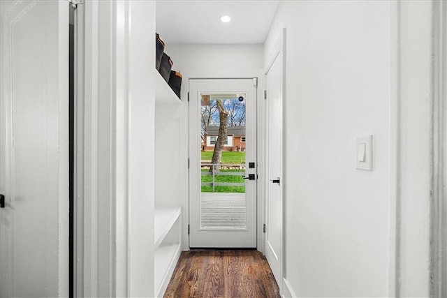 5933 Rockhill Rd, Kansas City, MO 64110 - entryway featuring dark wood-style flooring and recessed lighting