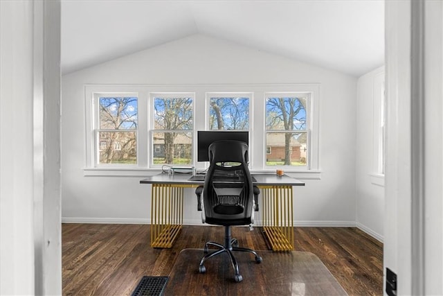 5933 Rockhill Rd, Kansas City, MO 64110 - office featuring wood finished floors, lofted ceiling, baseboards, and radiator heating unit