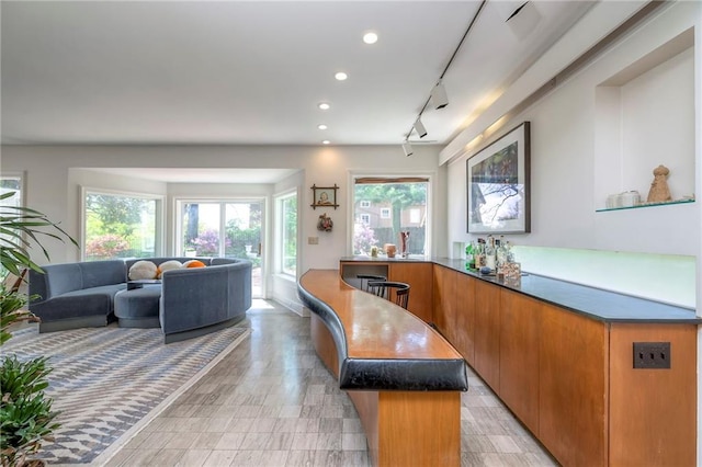 interior space featuring track lighting, open floor plan, brown cabinetry, and plenty of natural light