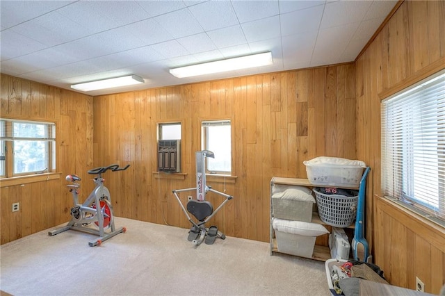 exercise room featuring carpet floors and wooden walls
