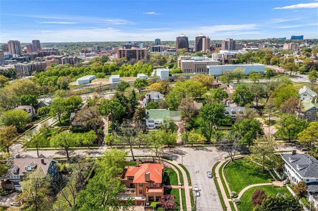 birds eye view of property with a city view