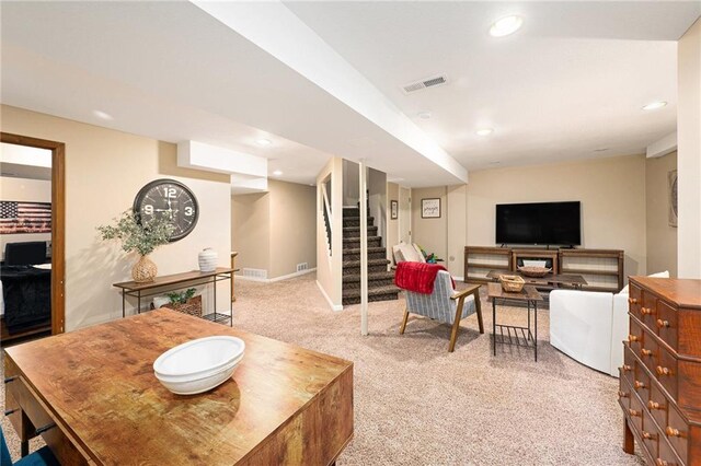 17014 NE 119th St, Kearney, MO 64060 - carpeted living area featuring recessed lighting, stairway, and baseboards