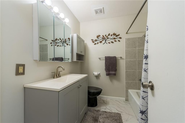 7201 E 130th Ter, Grandview, MO 64030 - bathroom with vanity, marble look tile flooring, and shower / tub combo with curtain