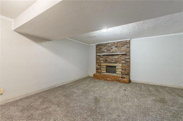 7201 E 130th Ter, Grandview, MO 64030 - unfurnished living room with carpet floors, a brick fireplace, crown molding, and a textured ceiling