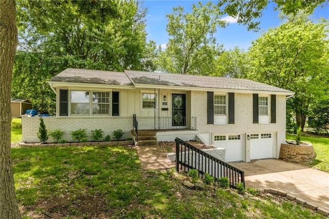 7201 E 130th Ter, Grandview, MO 64030 - ranch-style home featuring brick siding, a garage, concrete driveway, and a front lawn