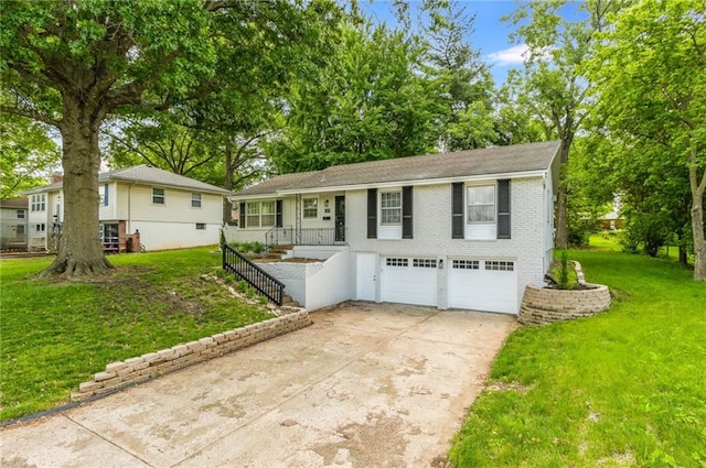 7201 E 130th Ter, Grandview, MO 64030 - ranch-style home with driveway, a garage, a front yard, brick siding, and covered porch