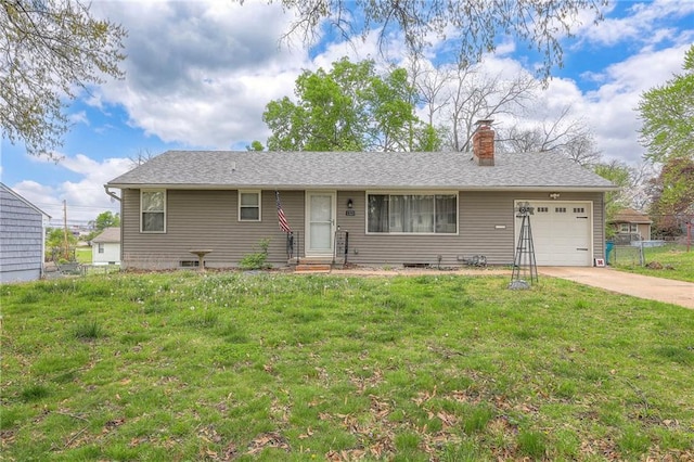 single story home with fence, a front lawn, a garage, a chimney, and concrete driveway