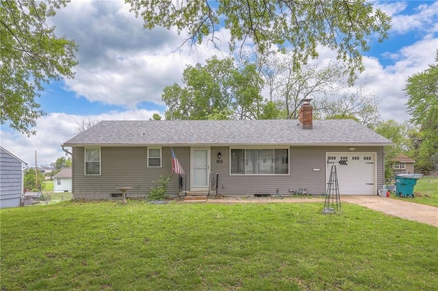 ranch-style house with an attached garage, a front lawn, entry steps, a chimney, and driveway