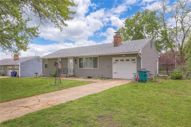 ranch-style house featuring a chimney, a front yard, fence, concrete driveway, and an attached garage