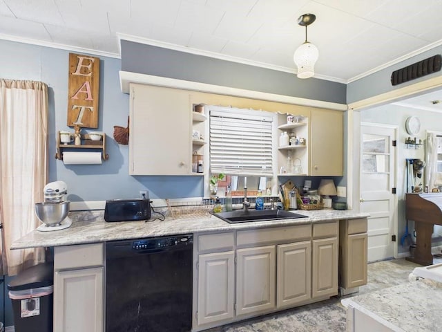 kitchen featuring visible vents, open shelves, a sink, ornamental molding, and black dishwasher