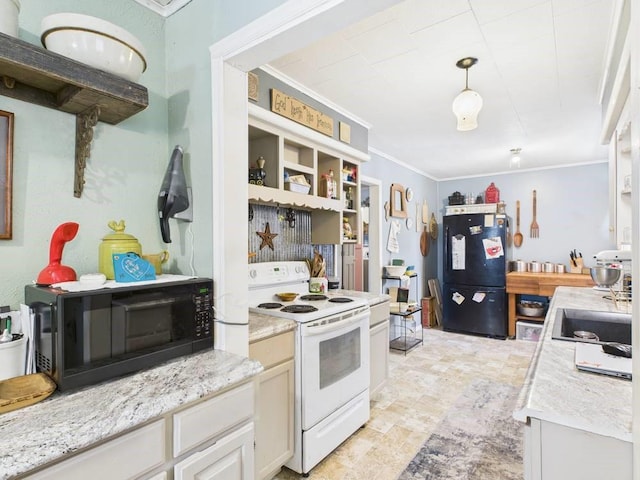 kitchen with stone finish floor, decorative light fixtures, crown molding, a sink, and black appliances
