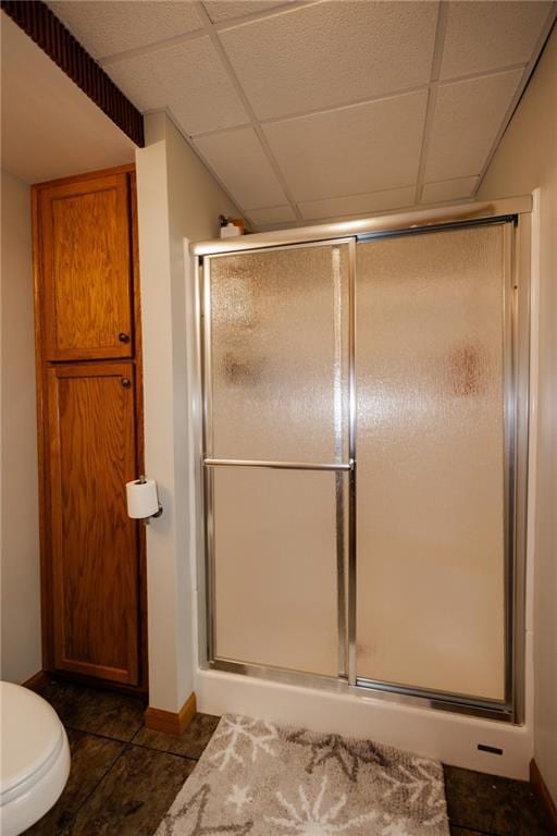 11295 County Road 366, Savannah, MO 64485 - bathroom with toilet, a stall shower, tile patterned floors, and a paneled ceiling