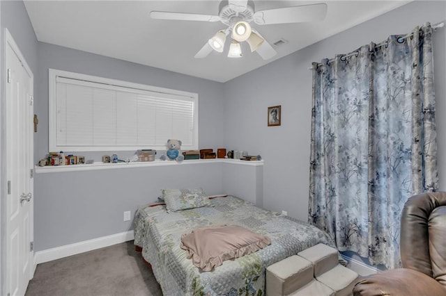 bedroom featuring baseboards, a ceiling fan, carpet, and visible vents