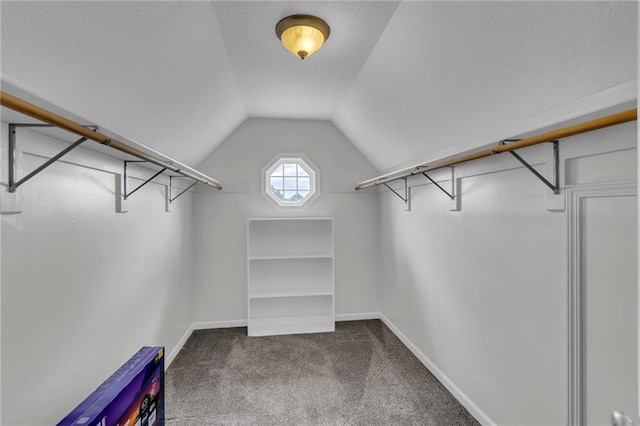 spacious closet with carpet and lofted ceiling