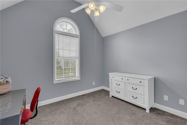 office with plenty of natural light, a ceiling fan, carpet floors, and lofted ceiling