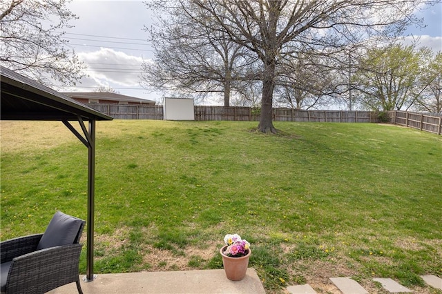 view of yard featuring an outdoor structure and a fenced backyard