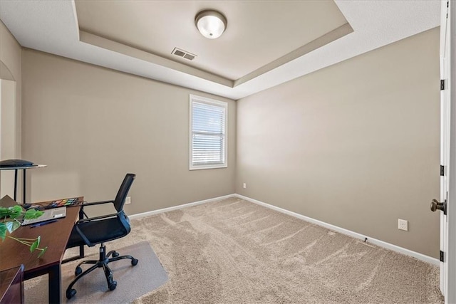 11194 S Hastings St, Olathe, KS 66061 - office with carpet floors, baseboards, visible vents, and a tray ceiling