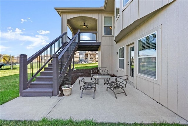 11194 S Hastings St, Olathe, KS 66061 - view of patio / terrace with a ceiling fan and stairs