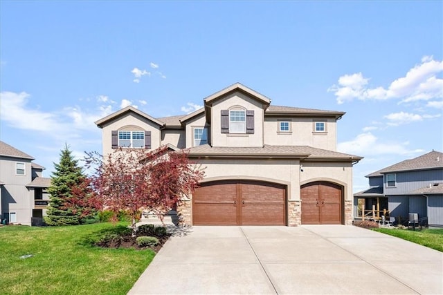 11194 S Hastings St, Olathe, KS 66061 - view of front facade with a garage, stone siding, a front yard, stucco siding, and concrete driveway